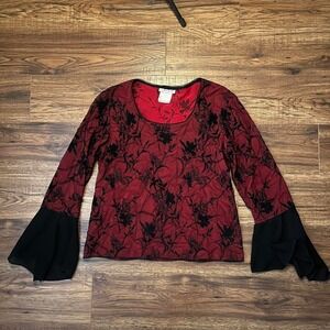 Jessica Red Mesh‎ Velvet Floral Top Bell Sleeve Gothic Romantic Blouse Women L